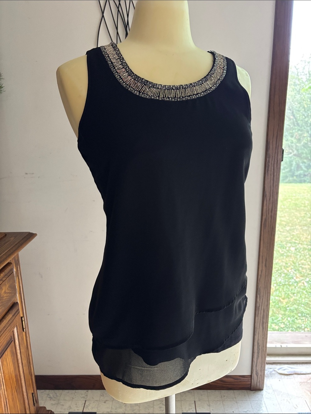 Source Unknown Black Tank Top with Silver Beaded Neckline